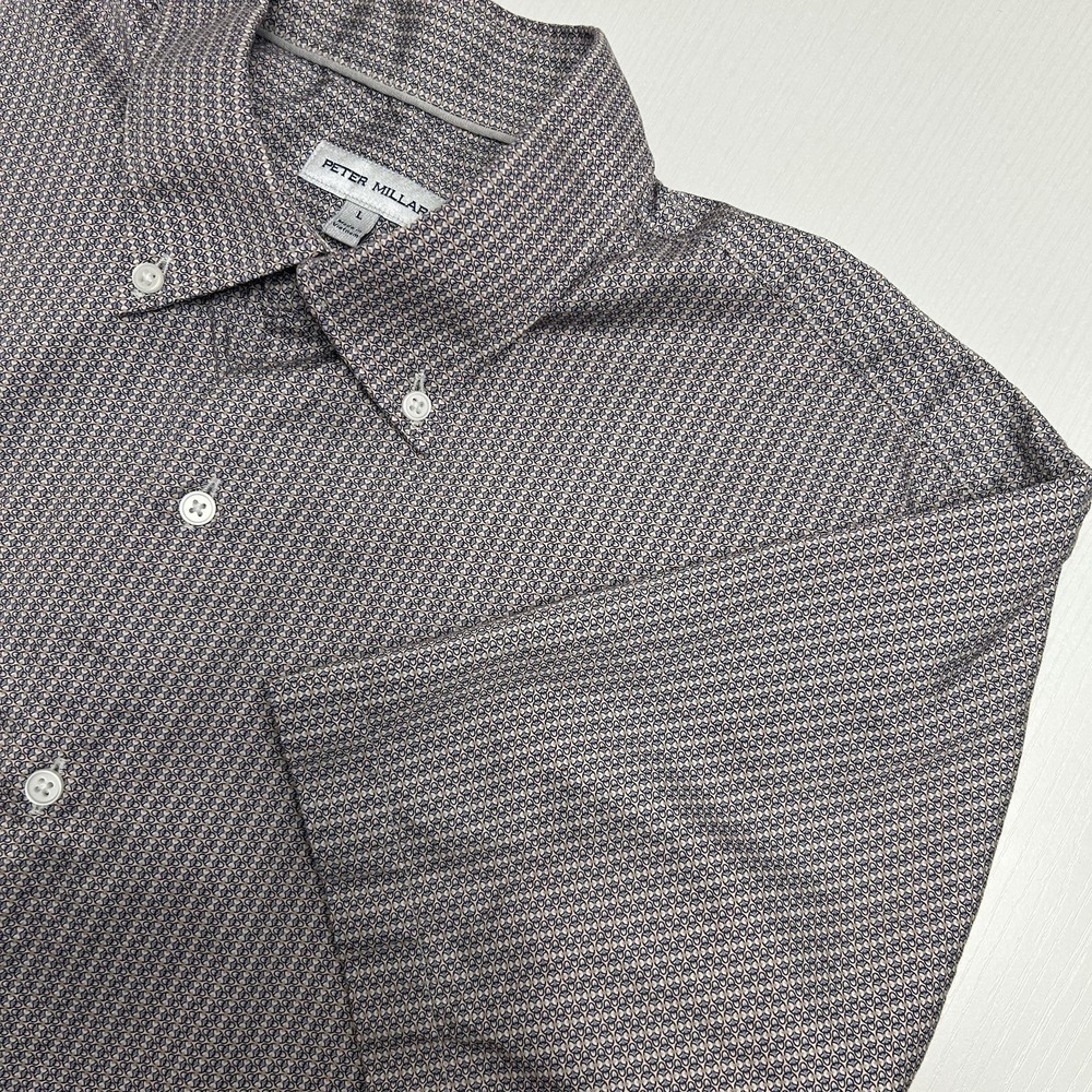 Peter Millar Geometric Design Short Sleeve Button Front Shirt Men's Sz L Cotton